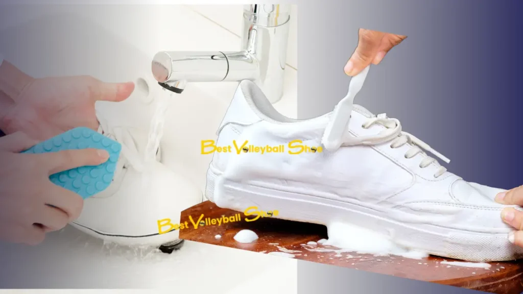 Hand washing of white volleyball shoes